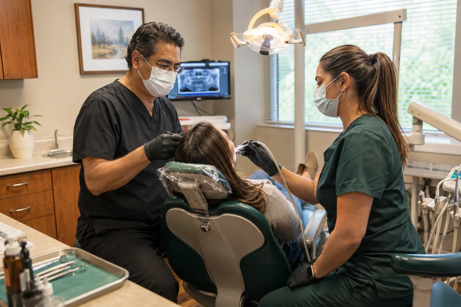 A dentist and a dental assistant working together at the chair during a procedure.