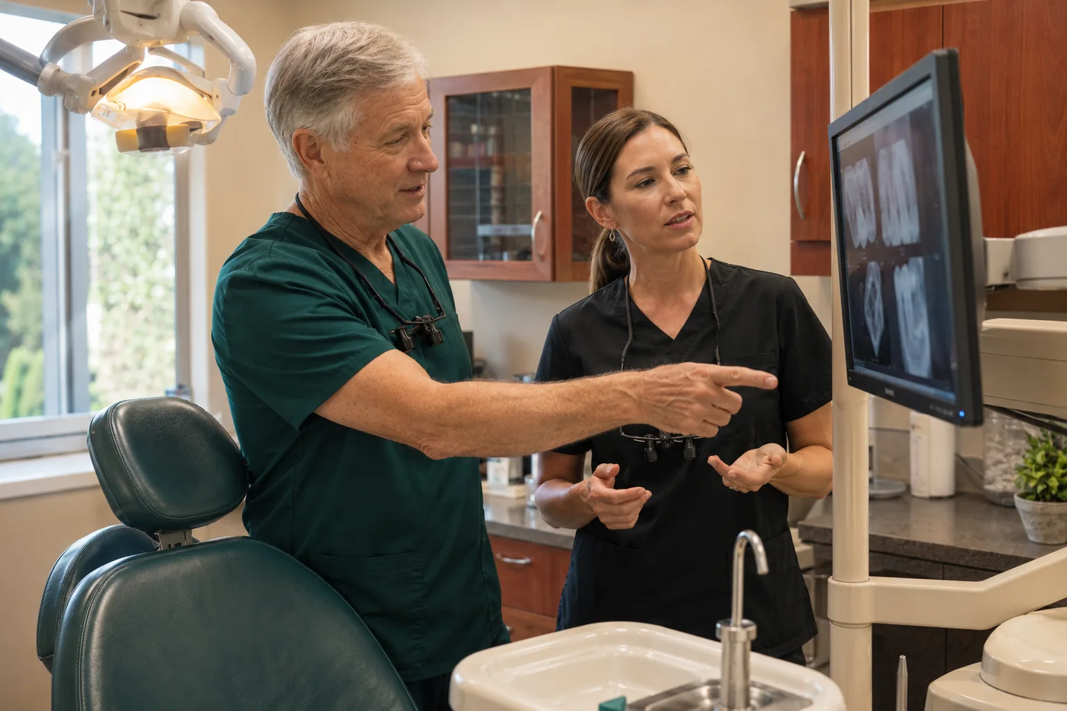 A senior dentist pointing out detail on a radiograph to a younger clinician.