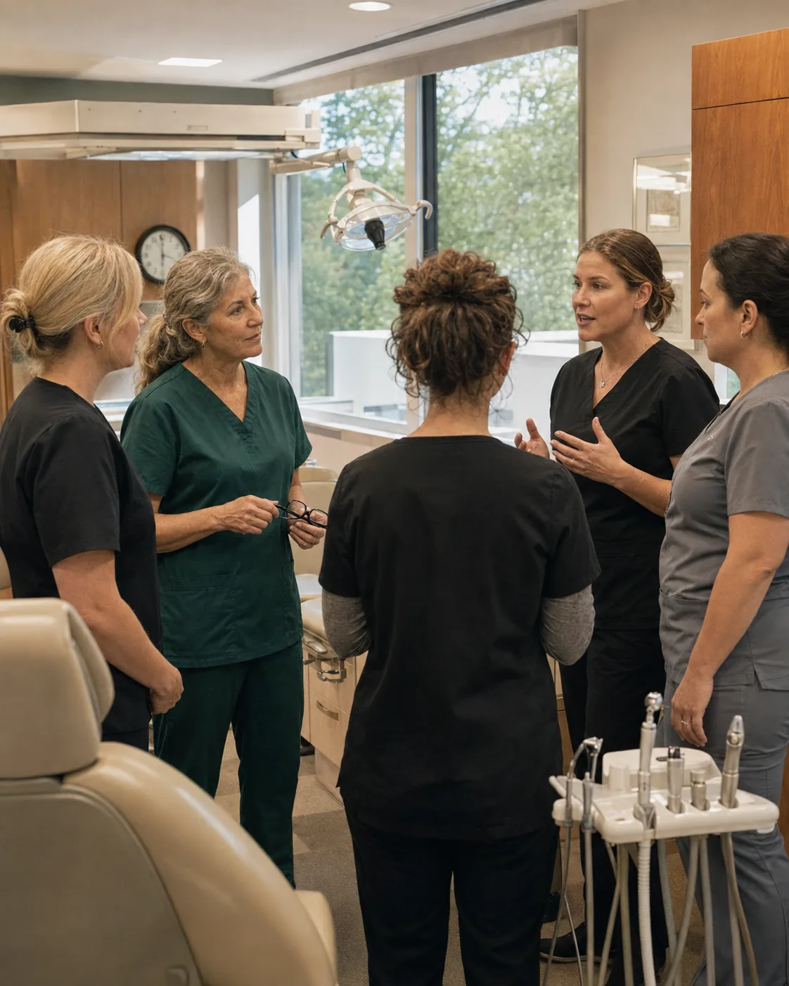 Five members of a practice team standing together for a clinical huddle.