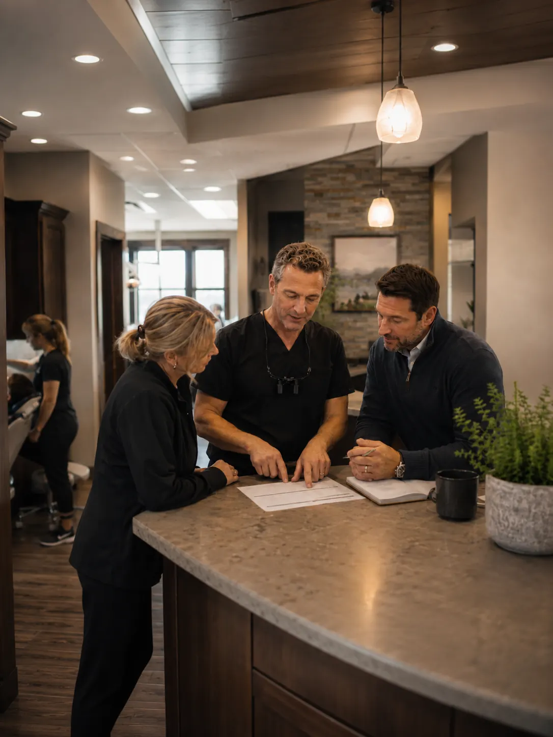 A working discussion over documents at a practice front counter.