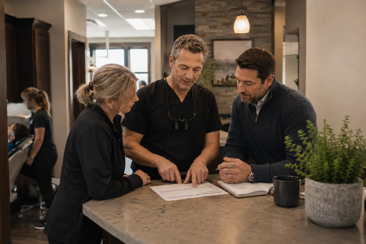 Three people reviewing a printed summary together at a counter.