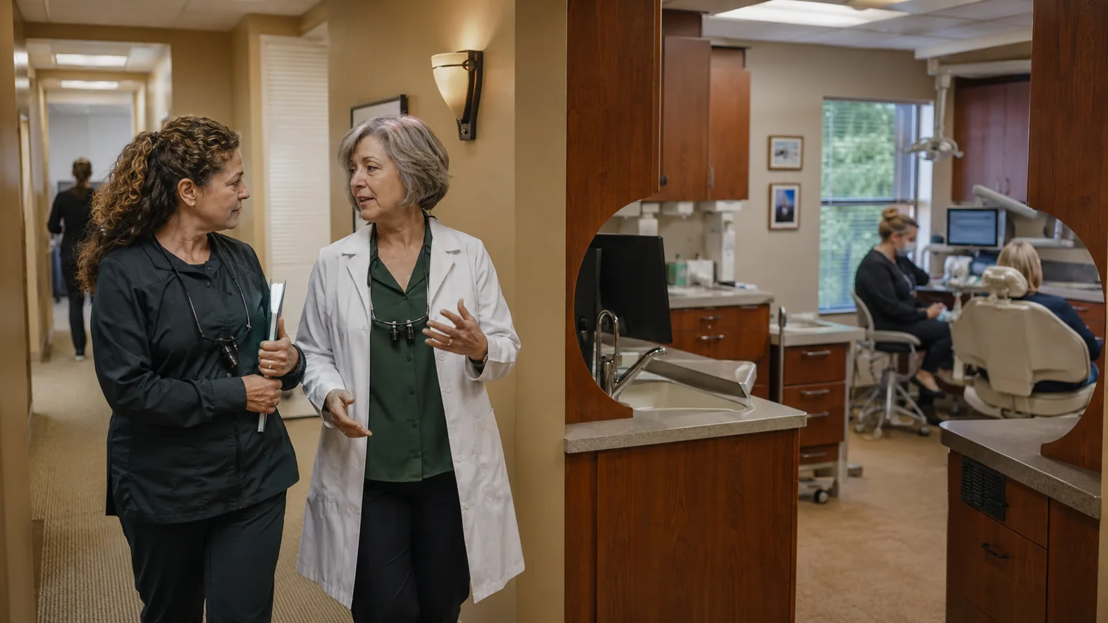A dentist in a white coat walking and talking with a team member through the practice.