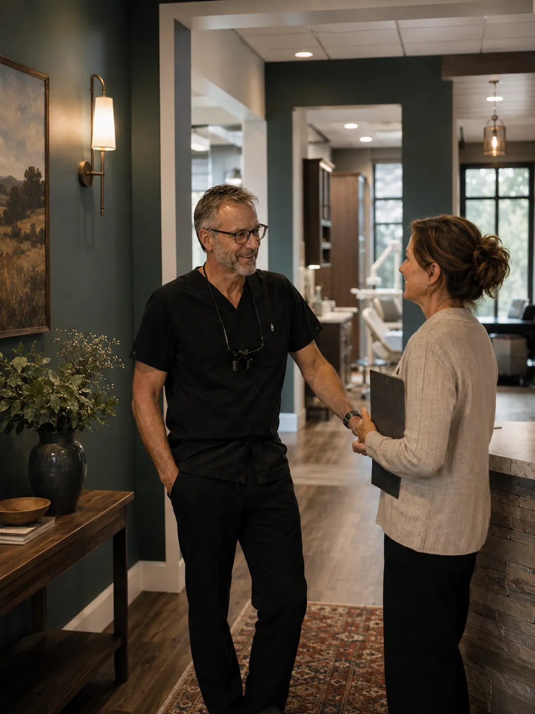 A dentist greeting a colleague near the practice entrance.