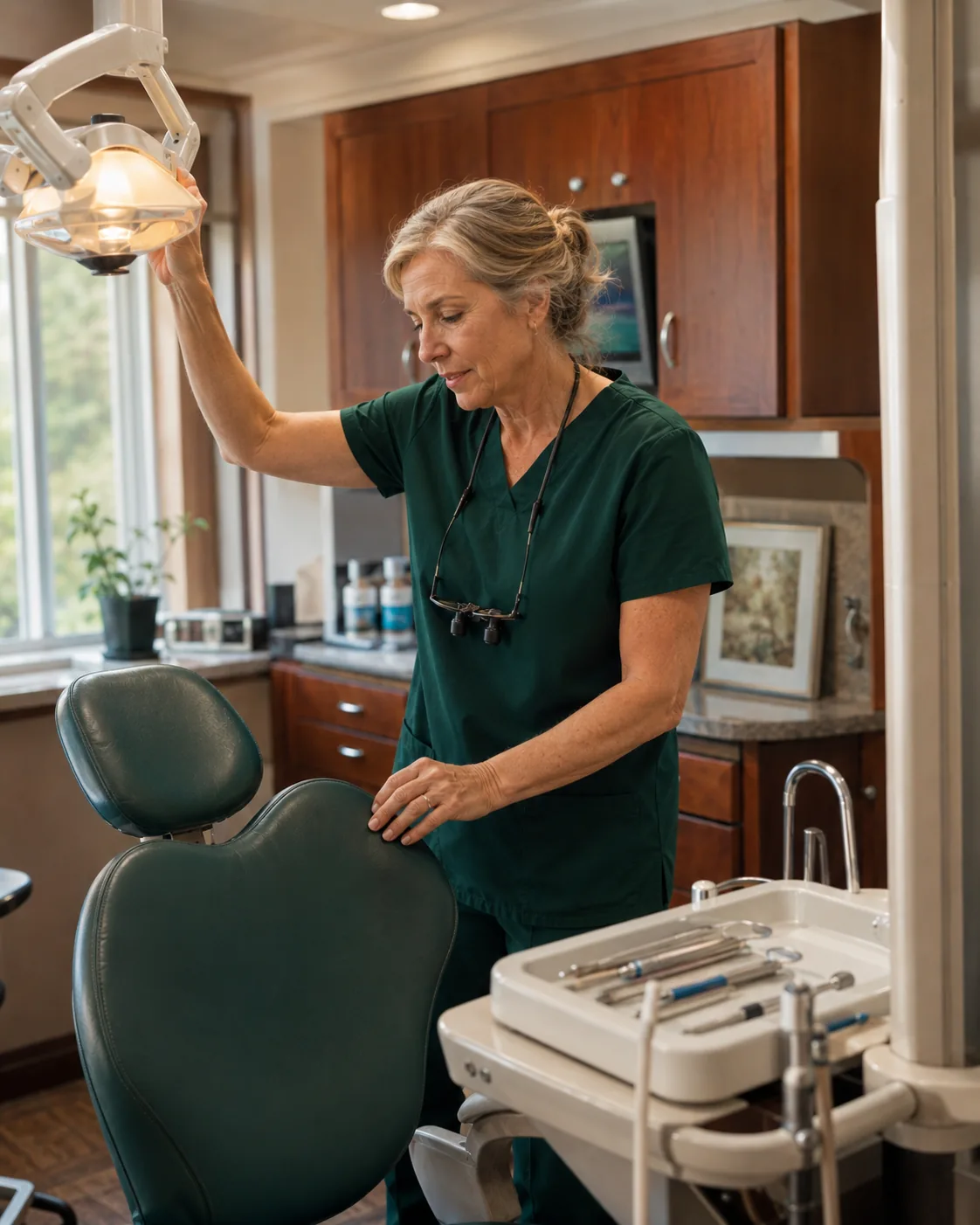 A clinician adjusting the overhead light while preparing an operatory.