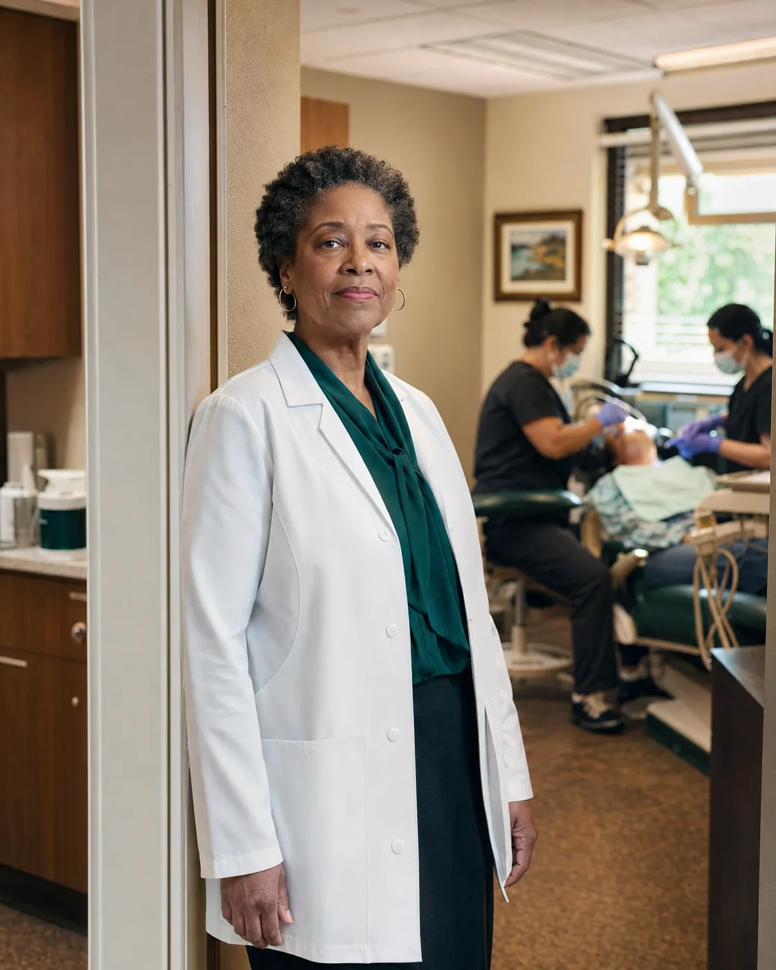 A practice owner standing at the doorway of her operatory while her team treats a patient.