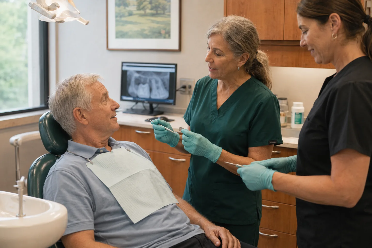 Two clinicians examining a patient at the chair with radiographs displayed nearby.