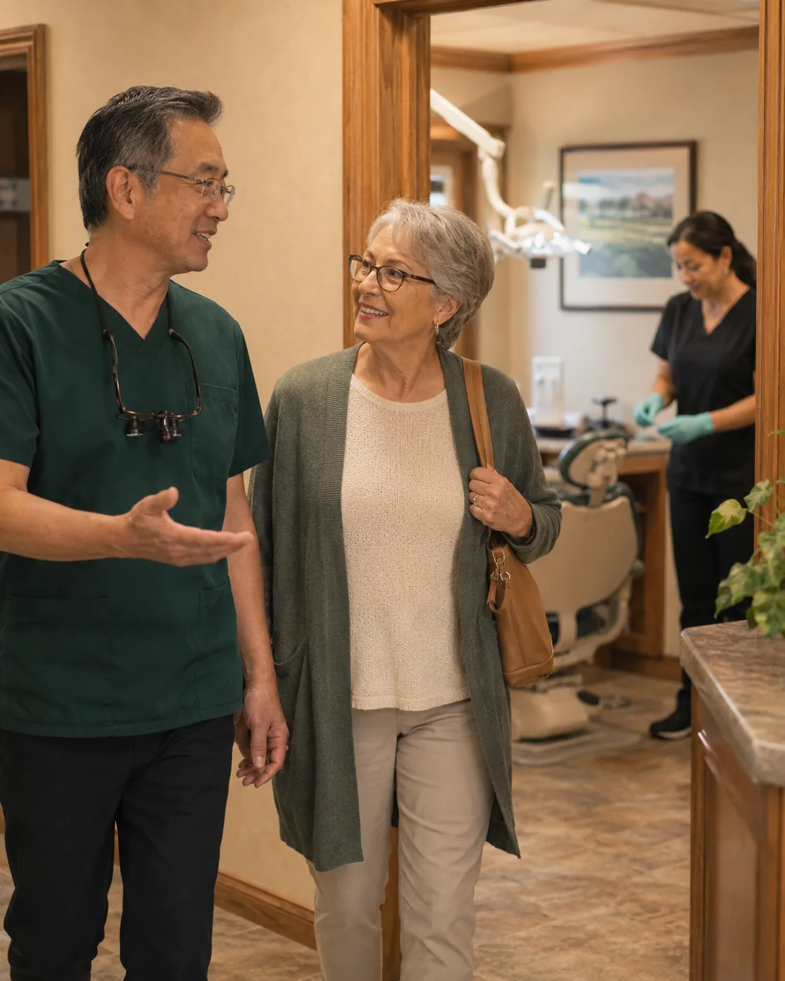A dentist walking a patient out through the practice after her appointment.