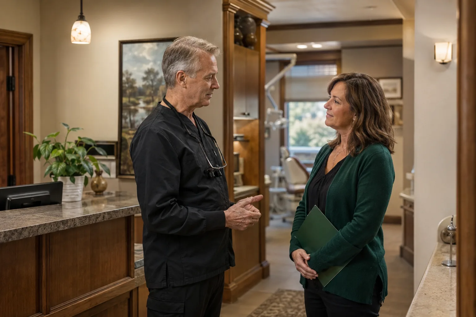 A dentist and an advisor talking at the front counter of a practice.