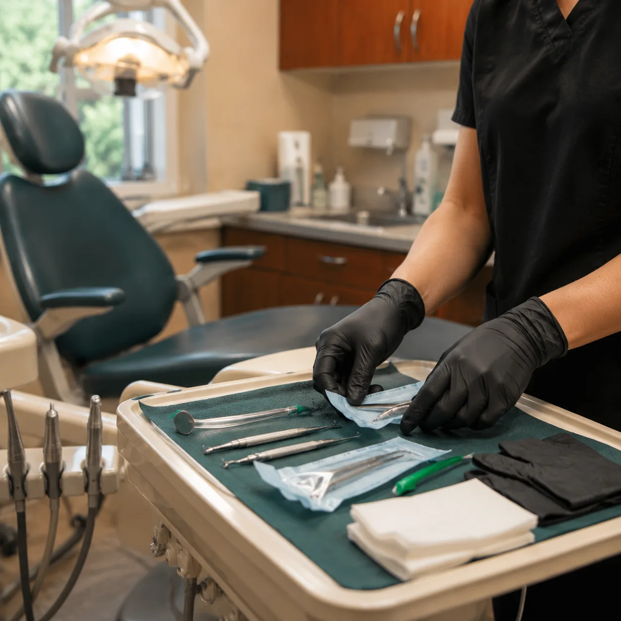 Gloved hands laying out sterile instruments on a tray before a procedure.