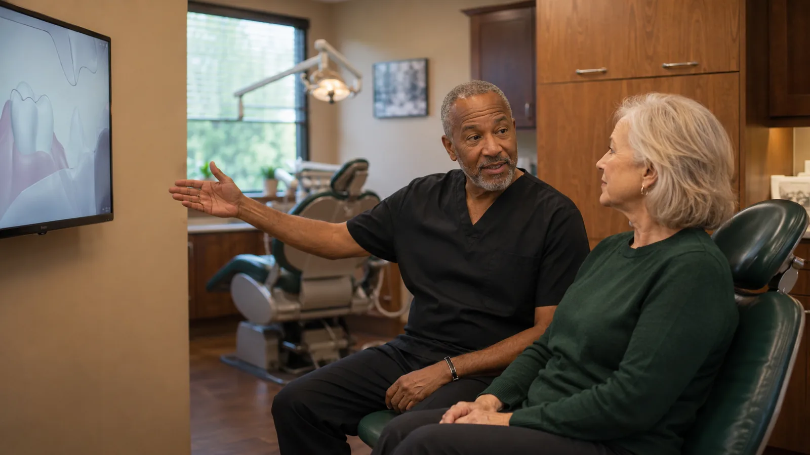 A dentist talking an older patient through a treatment plan shown on a screen.