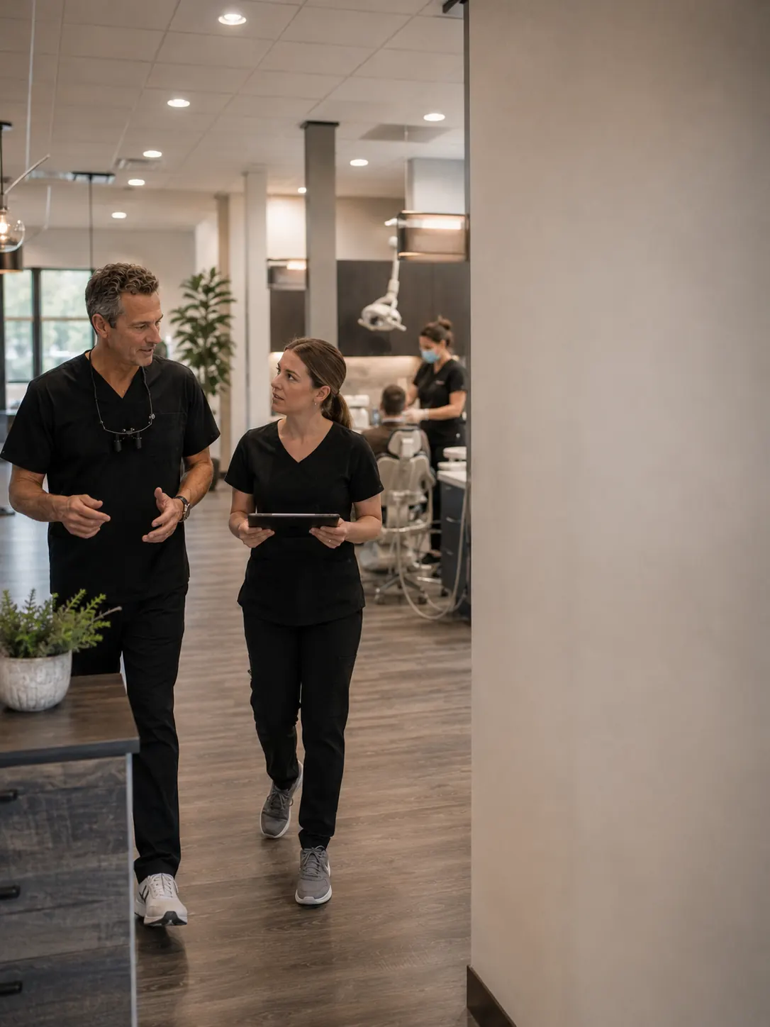 Two team members walking through a practice, one carrying a tablet.
