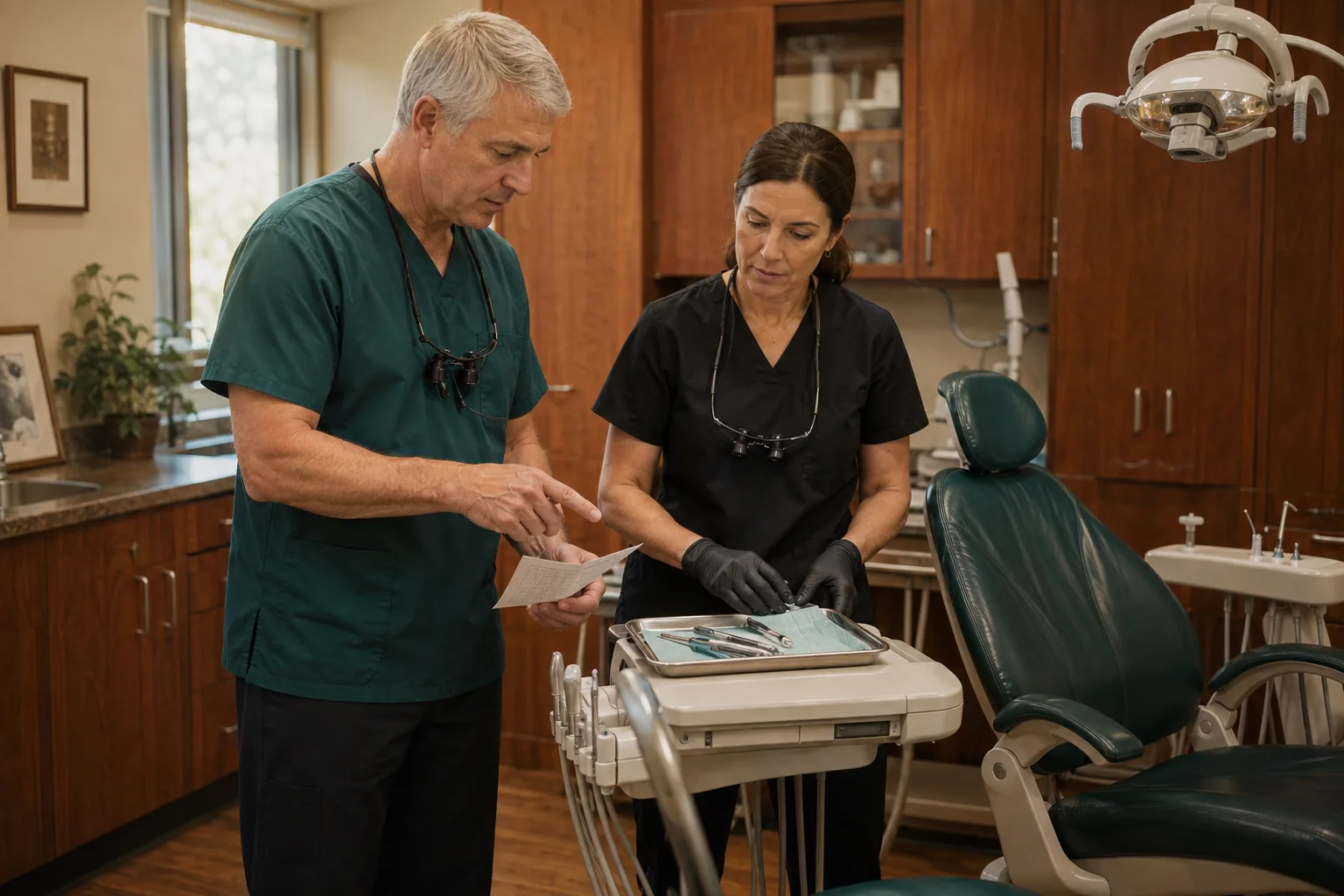A dentist and assistant preparing instruments at the chair before a procedure.