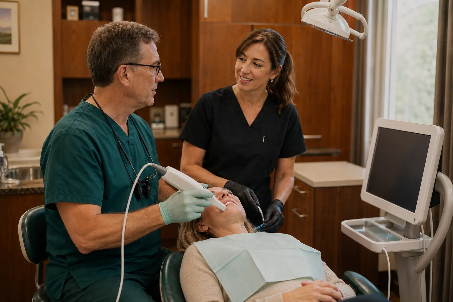 A dentist and assistant using digital scanning technology during a patient visit.