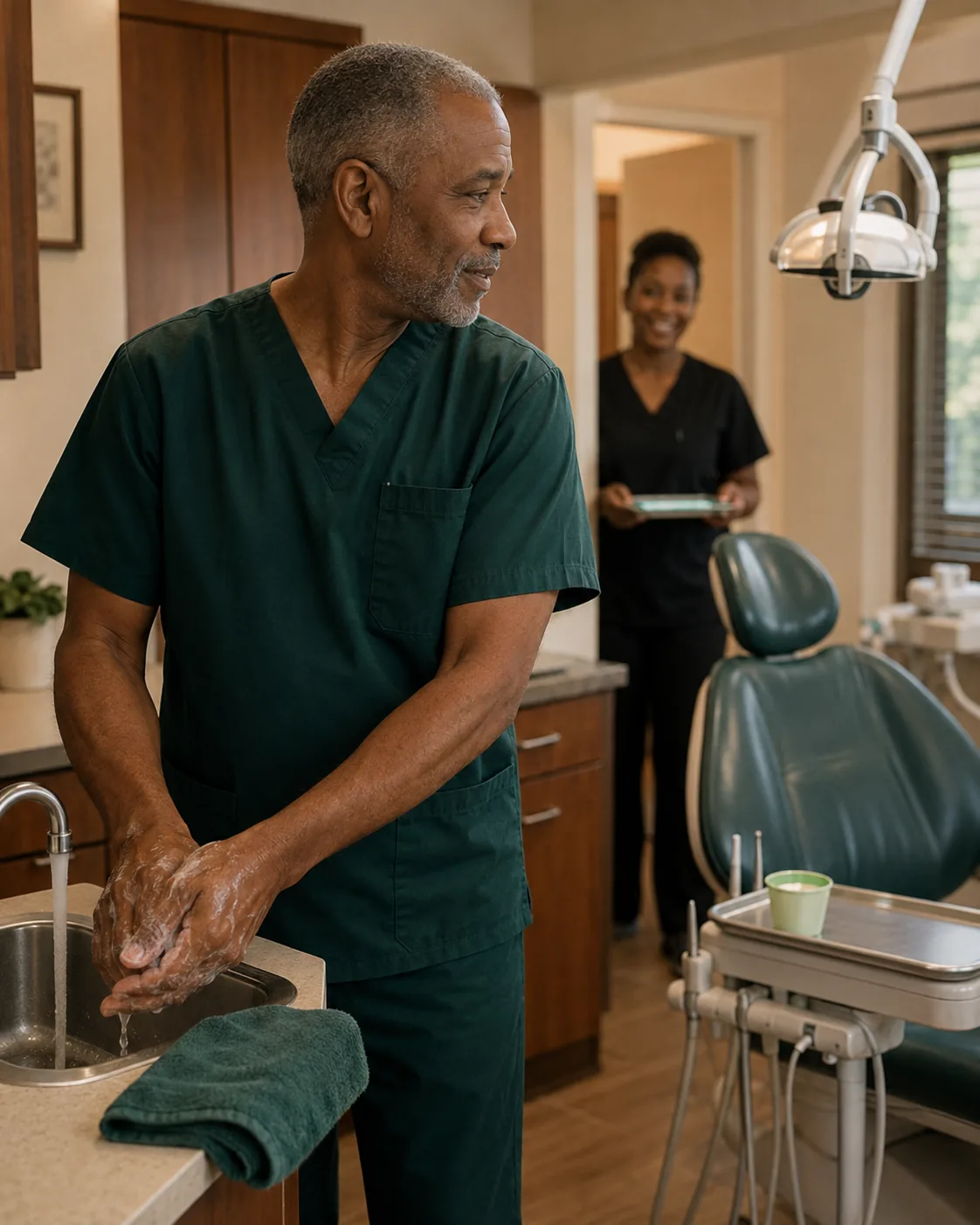 A dentist standing in a prepared operatory before the next patient.