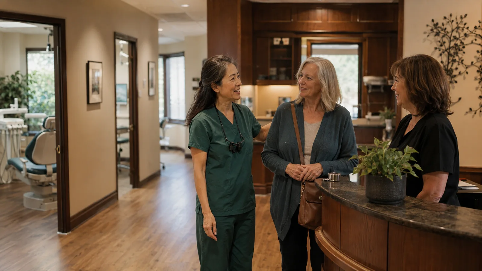 A team member introducing a patient to a colleague during a handoff at the front of the practice.