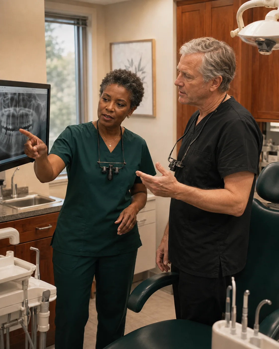 Two clinicians reviewing diagnostic imaging together in the operatory.