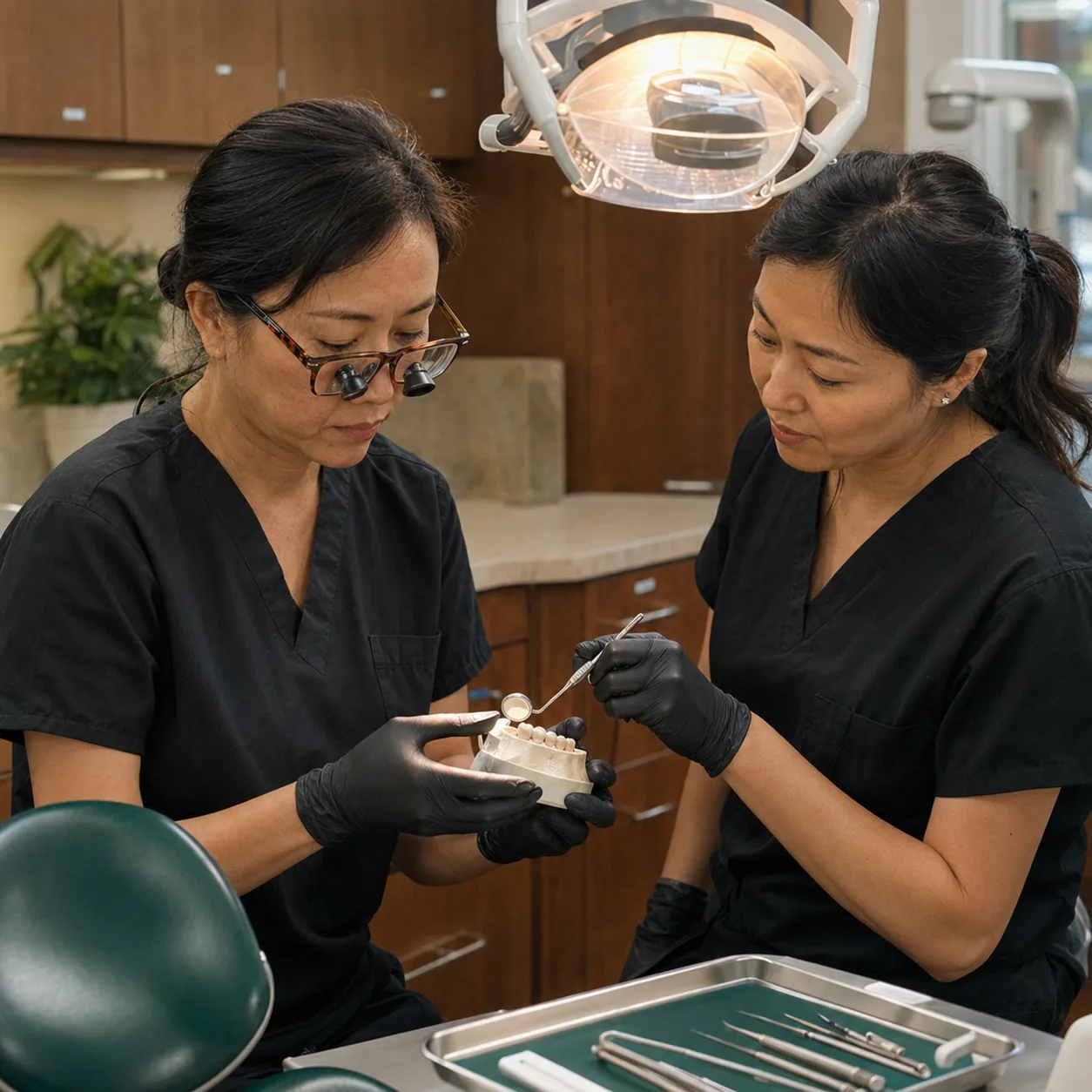 Two clinicians examining the fit and finish of a restoration.